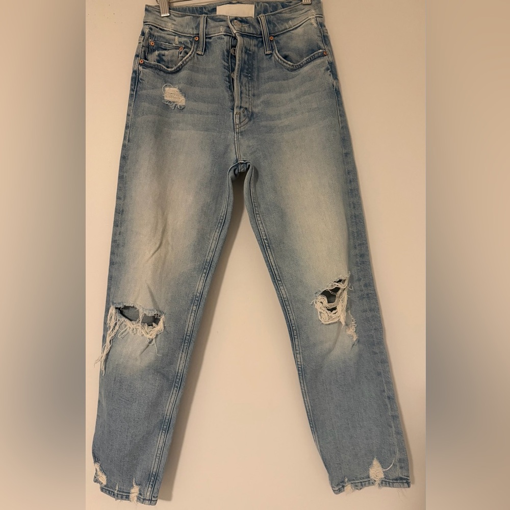 Mother Superior Tomcat Button Fly Distressed Crop Light Blue Jeans